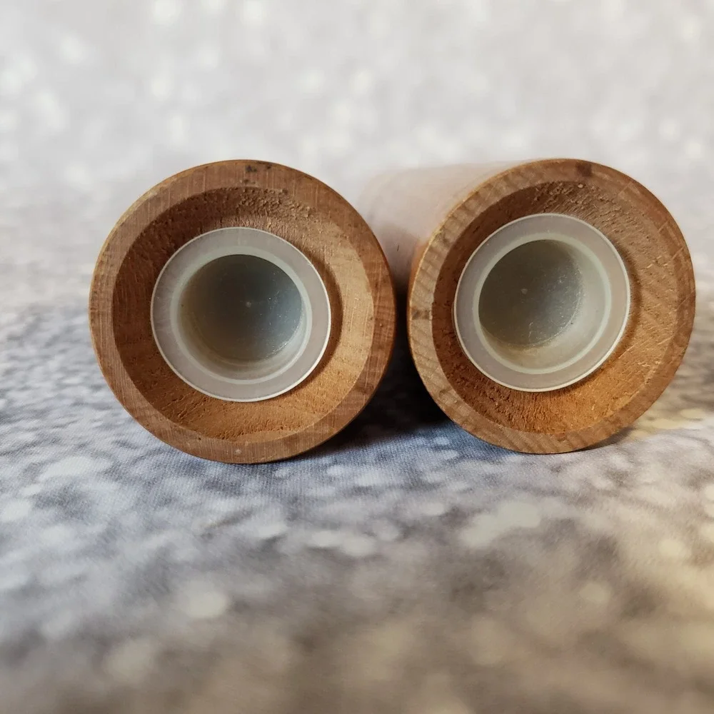 Vintage Chicago Mid Century Atomic Wood Salt & Pepper Shaker First Bank Hancock